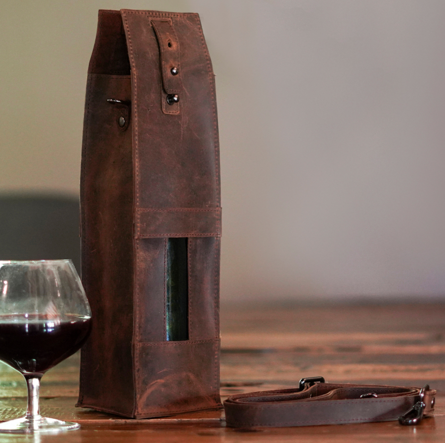 Leather Wine Bag Bottle Carrier in Brown
